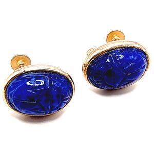 Vintage Egyptian Revival Blue Scarab Quartz Screw Back Earrings Gold Tone